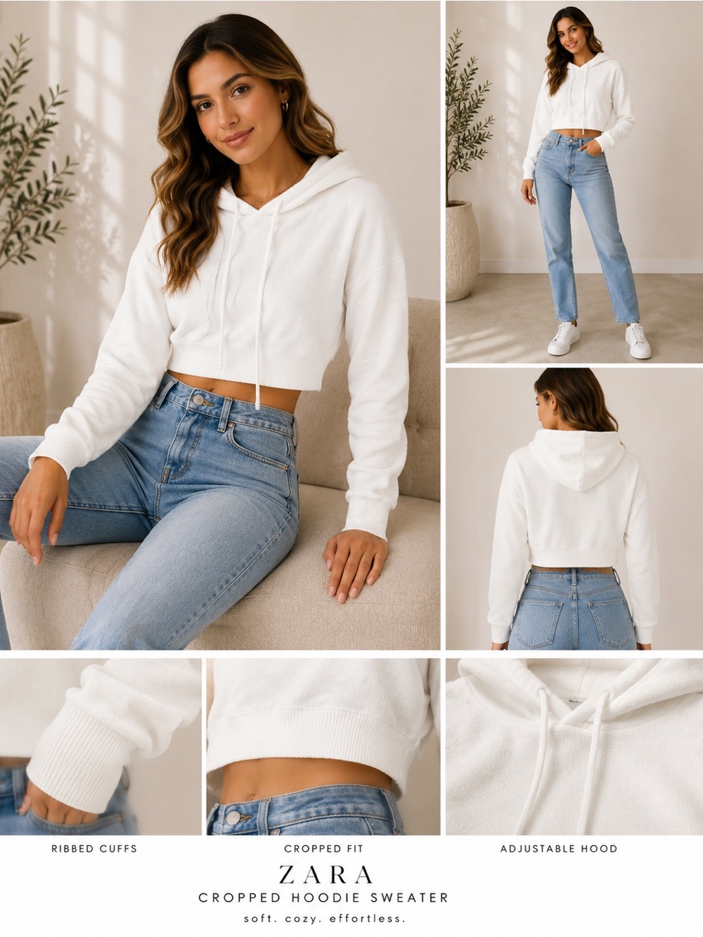 Zara White Cropped Hooded Knit Sweatshirt